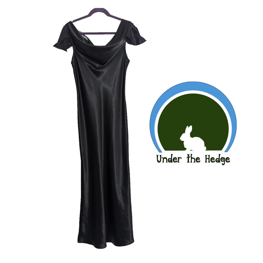 Vtg Fashion Dove Black Satin Flutter Sleeve Maxi Dress M/L T1 Whimsigoth Fairy